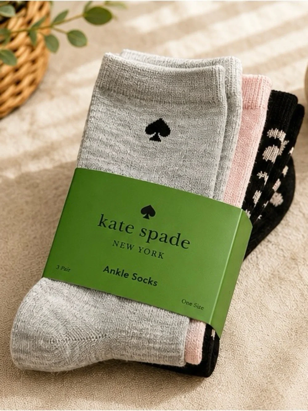 Kate Spade 3 Pair Ankle Socks SOLID & LEOPARD DOT • ONE SIZE • NWT